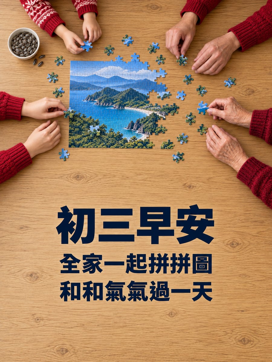 一家人拼拼圖。圖中文字：初三早安，全家一起拼拼圖，和和氣氣過一天