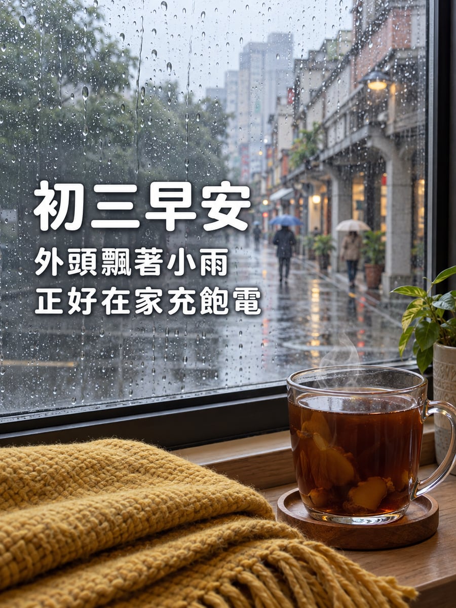 雨天在家充電。圖中文字：初三早安，外頭飄著小雨，正好在家充飽電