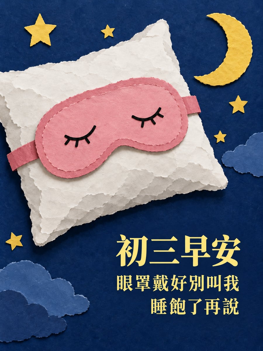 眼罩戴好別叫我。圖中文字：初三早安，眼罩戴好別叫我，睡飽了再說