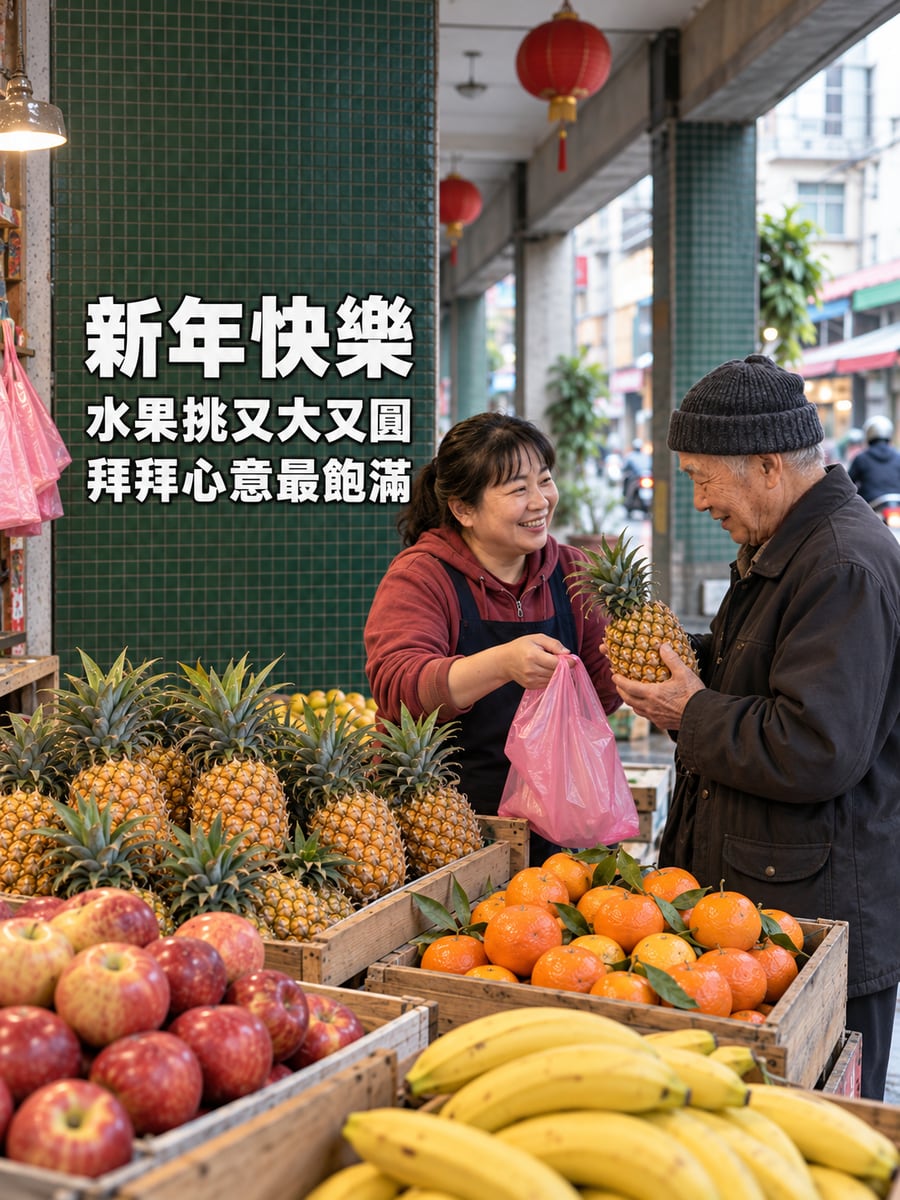 騎樓水果攤。圖中文字：新年快樂，水果挑又大又圓，拜拜心意最飽滿