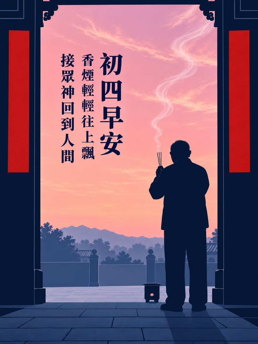 門口焚香接神。圖中文字：初四早安，香煙輕輕往上飄，接眾神回到人間