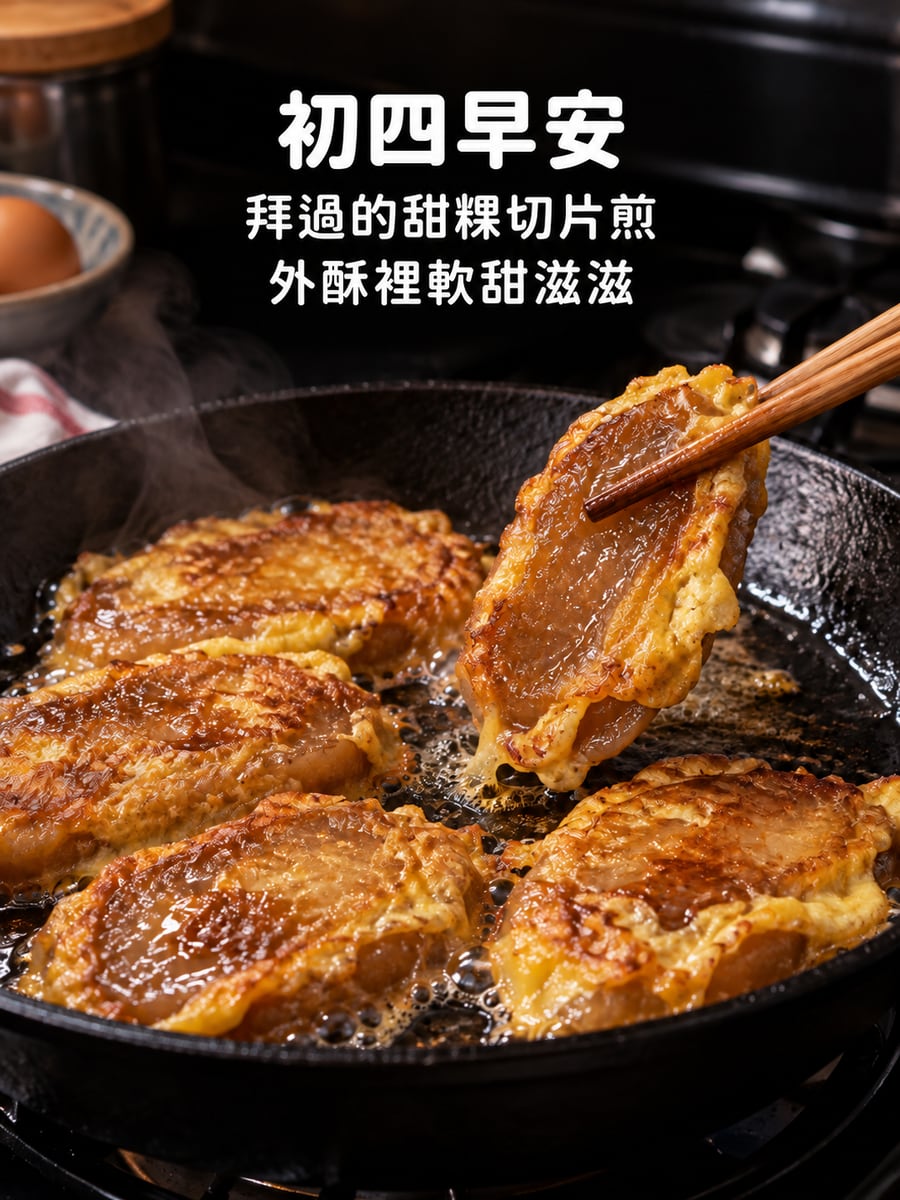 煎甜粿。圖中文字：初四早安，拜過的甜粿切片煎，外酥裡軟甜滋滋