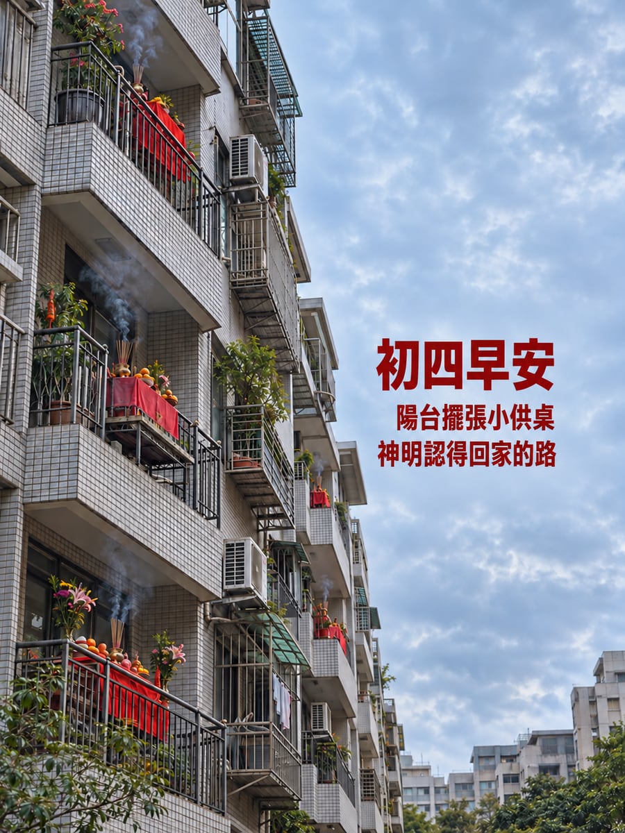 陽台小供桌。圖中文字：初四早安，陽台擺張小供桌，神明認得回家的路