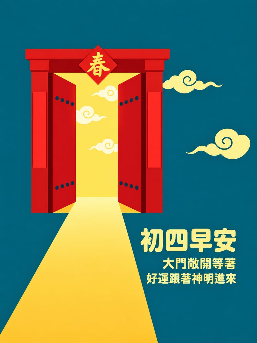 大門敞開迎好運。圖中文字：初四早安，大門敞開等著，好運跟著神明進來