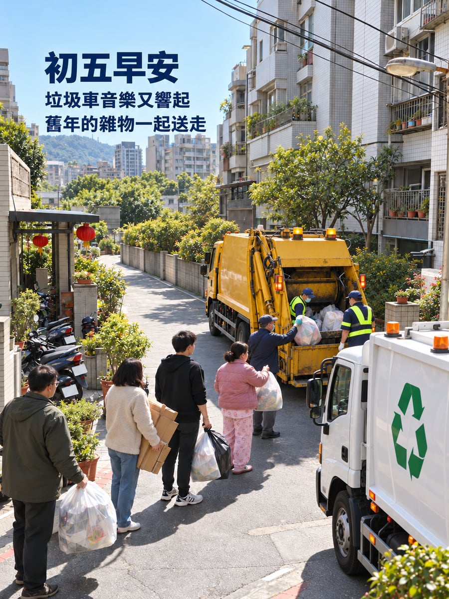 初五倒垃圾。圖中文字：初五早安，垃圾車音樂又響起，舊年的雜物一起送走
