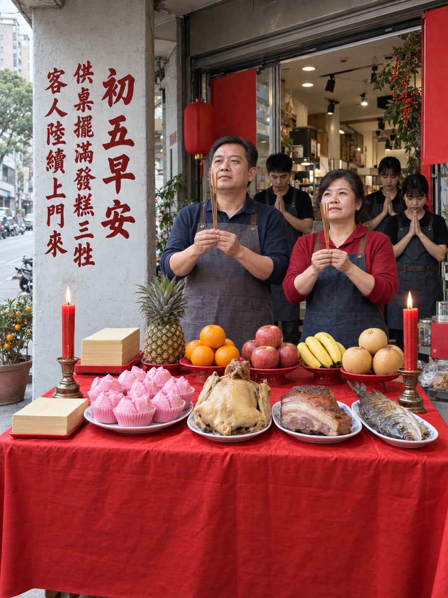 開市拜拜。圖中文字：初五早安，供桌擺滿發糕三牲，客人陸續上門來