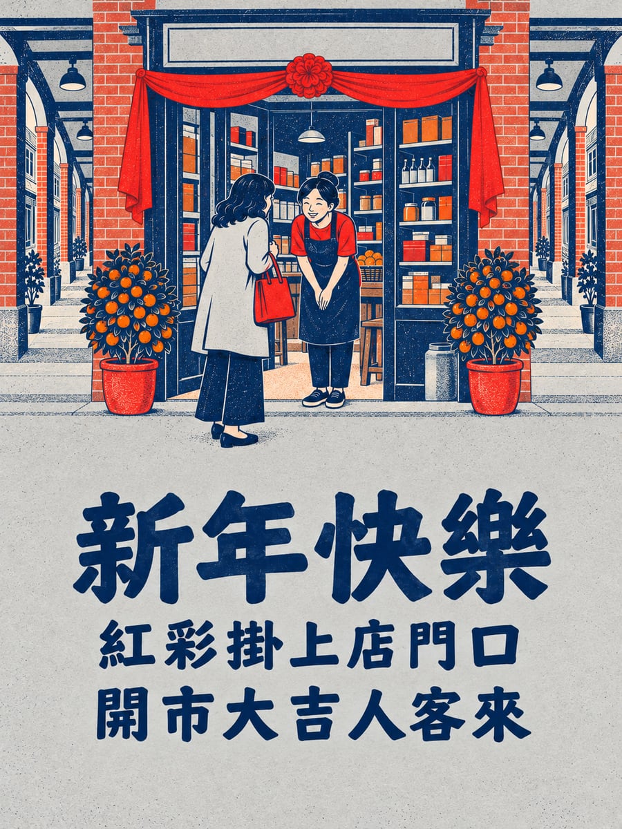 紅彩開市。圖中文字：新年快樂，紅彩掛上店門口，開市大吉人客來