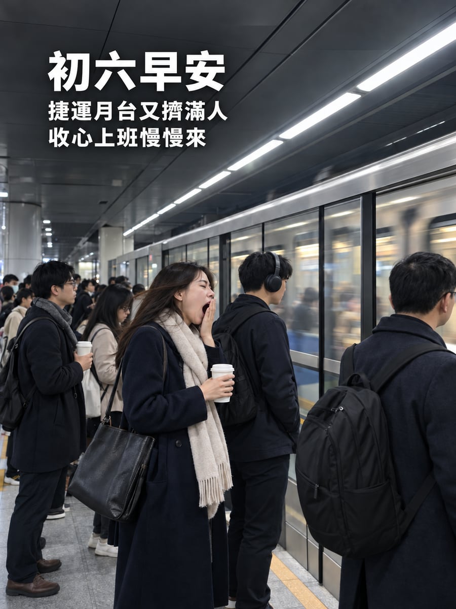 開工日的捷運。圖中文字：初六早安，捷運月台又擠滿人，收心上班慢慢來