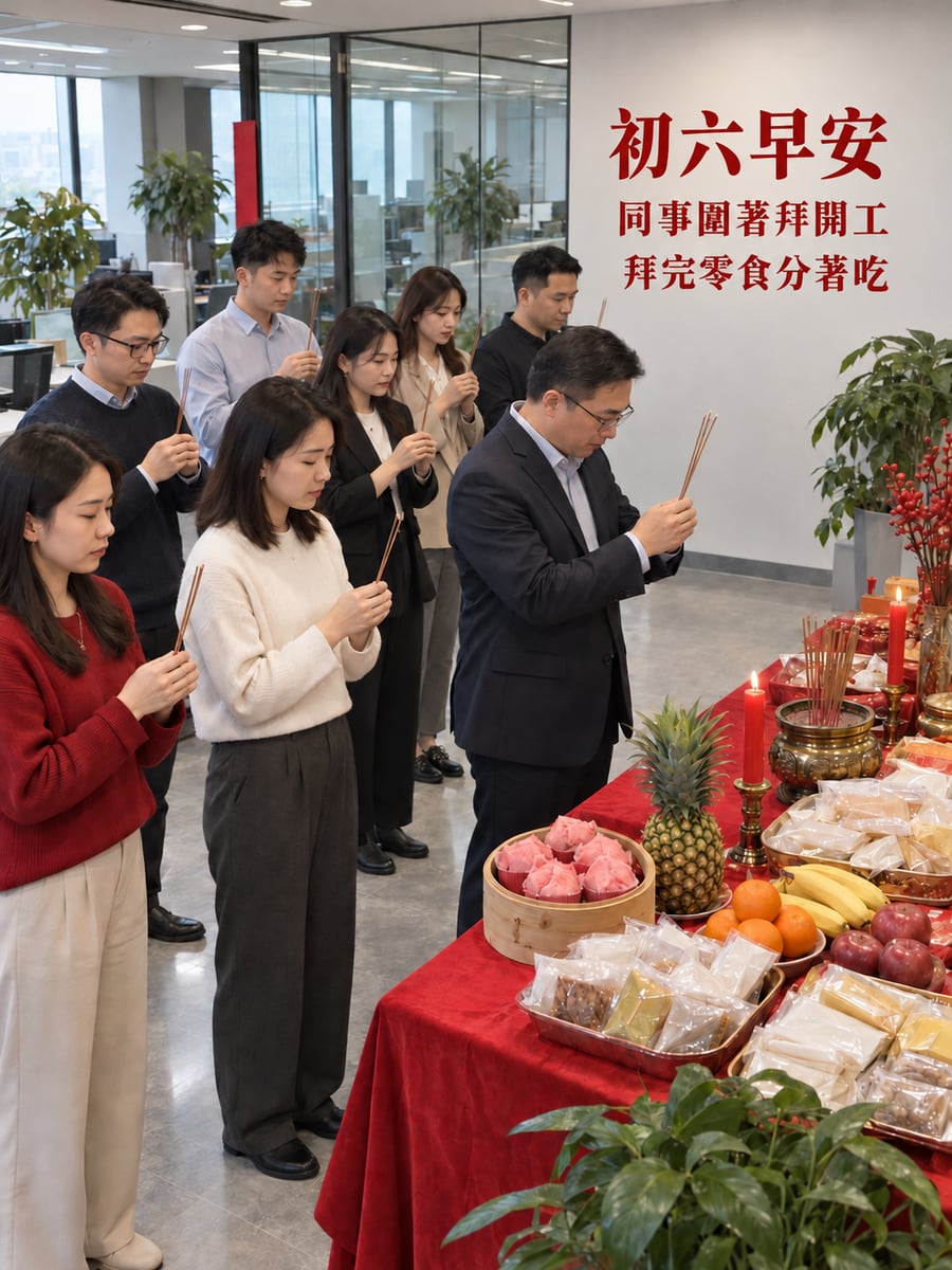 辦公室開工拜拜。圖中文字：初六早安，同事圍著拜開工，拜完零食分著吃