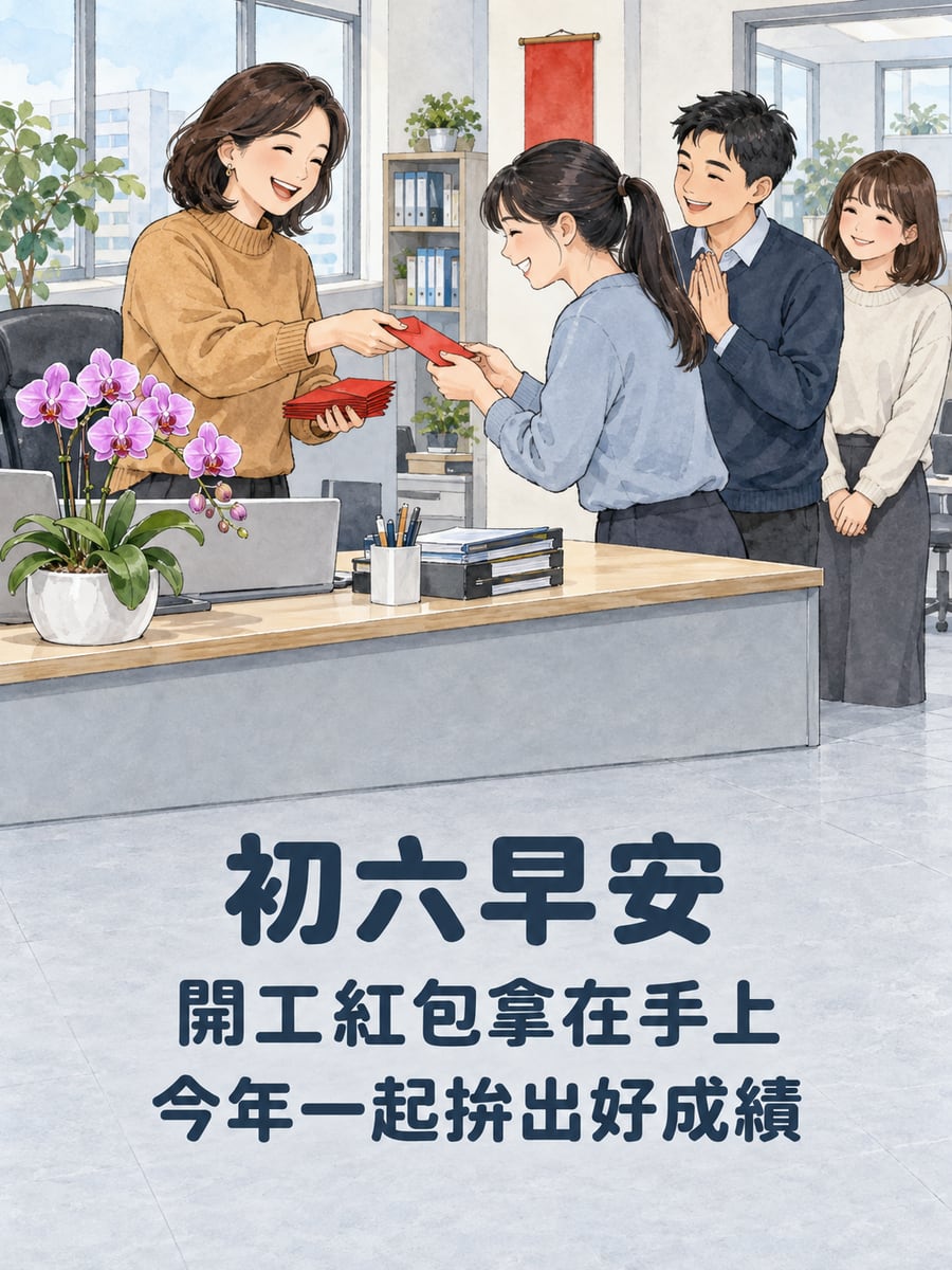 開工紅包。圖中文字：初六早安，開工紅包拿在手上，今年一起拚出好成績