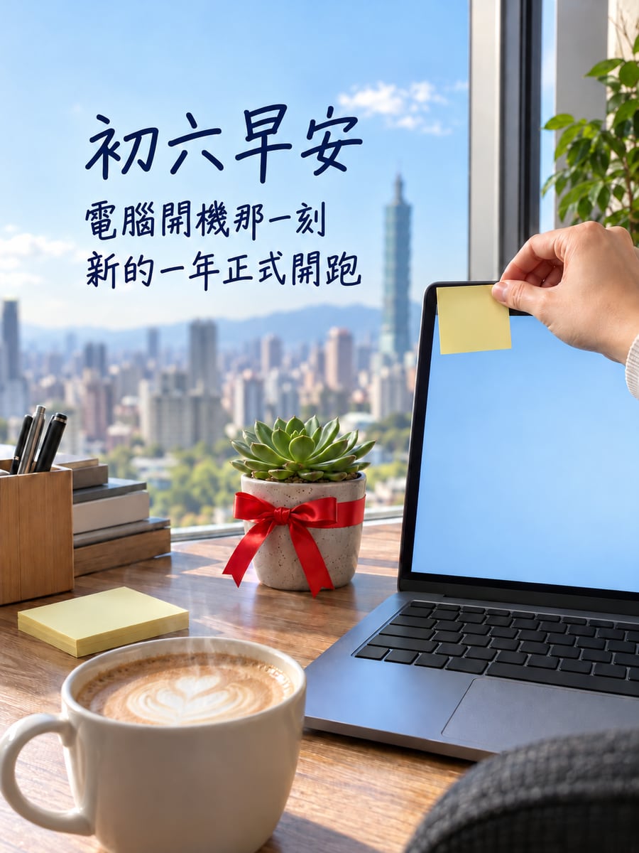 打開電腦開工。圖中文字：初六早安，電腦開機那一刻，新的一年正式開跑