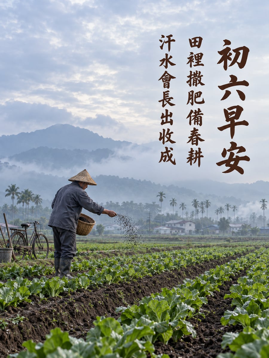 田裡挹肥。圖中文字：初六早安，田裡撒肥備春耕，汗水會長出收成