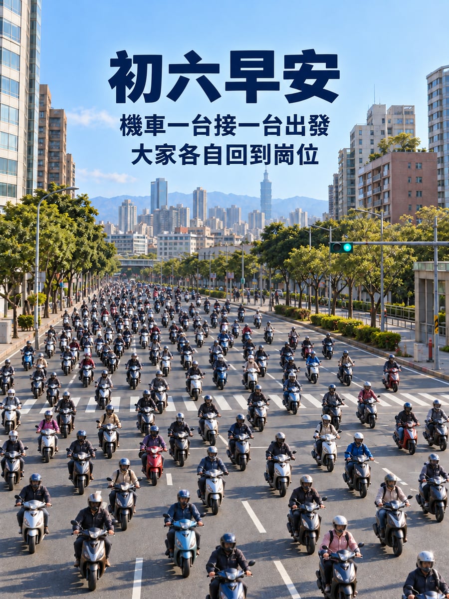 機車又上路。圖中文字：初六早安，機車一台接一台出發，大家各自回到崗位
