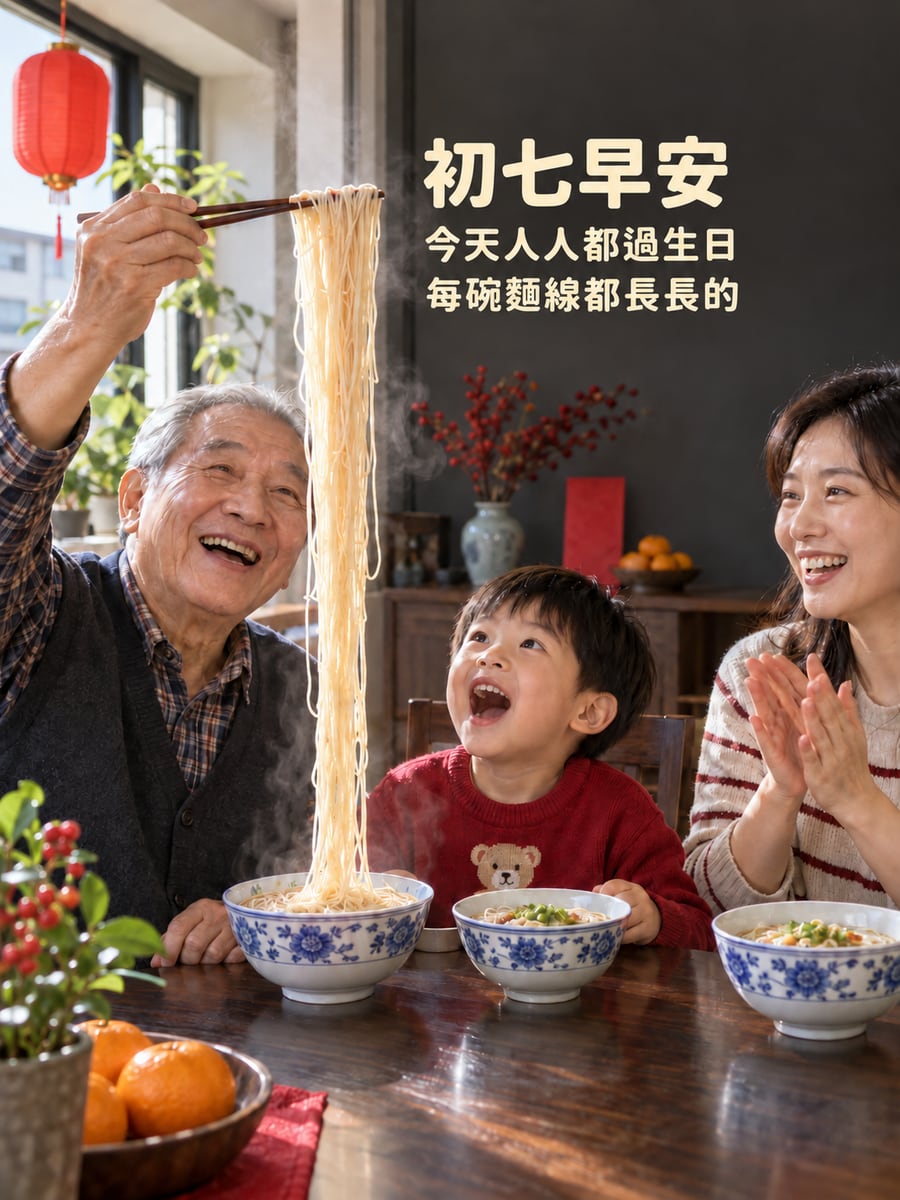 人人都過生日。圖中文字：初七早安，今天人人都過生日，每碗麵線都長長的
