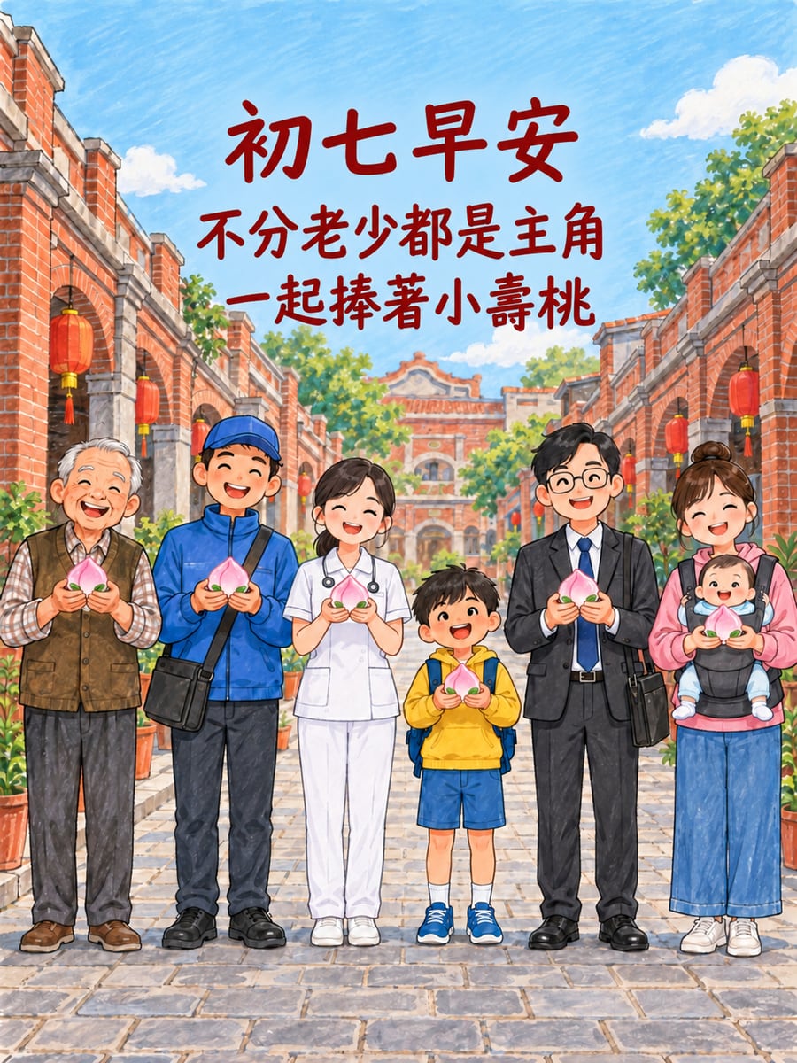 人人手捧小壽桃。圖中文字：初七早安，不分老少都是主角，一起捧著小壽桃