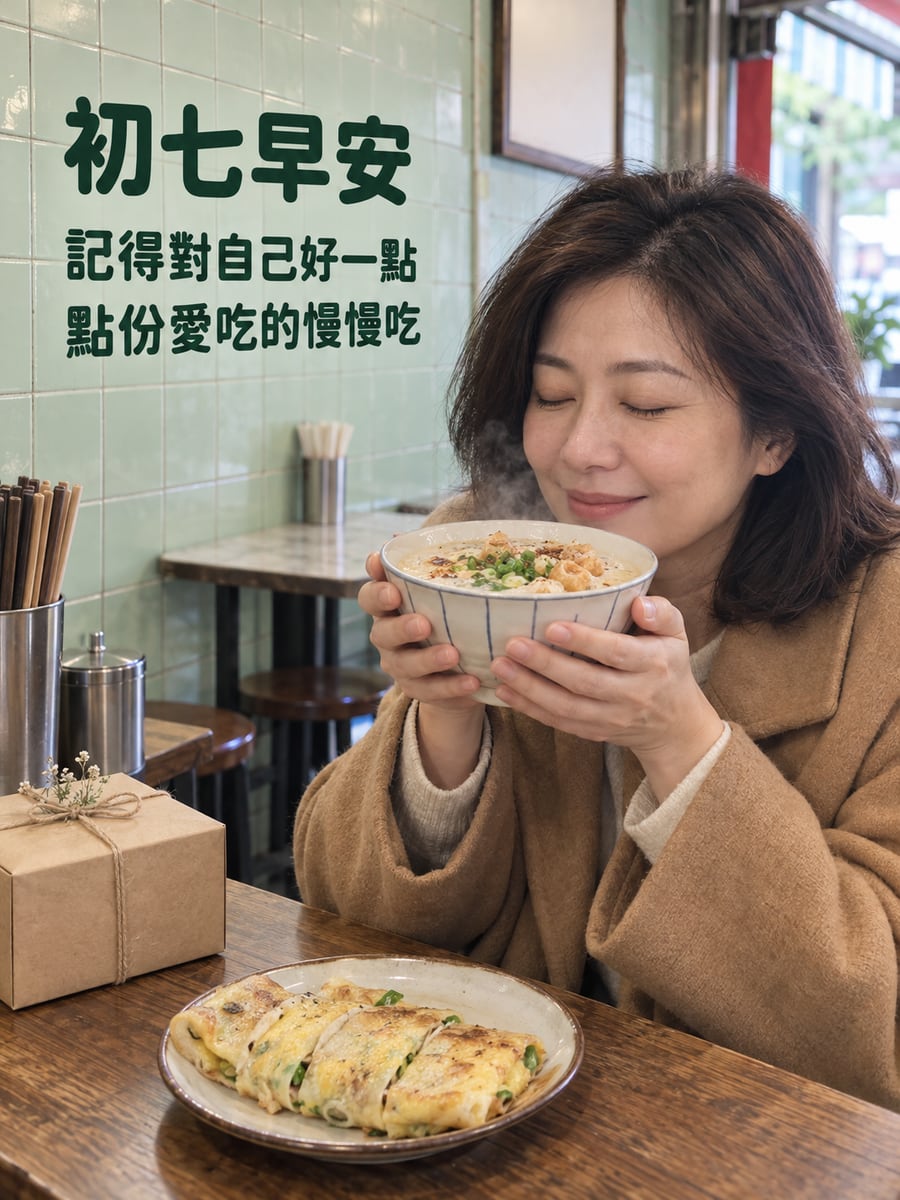 對自己好一點。圖中文字：初七早安，記得對自己好一點，點份愛吃的慢慢吃