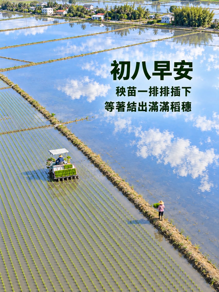 插秧的初春田。圖中文字：初八早安，秧苗一排排插下，等著結出滿滿稻穗