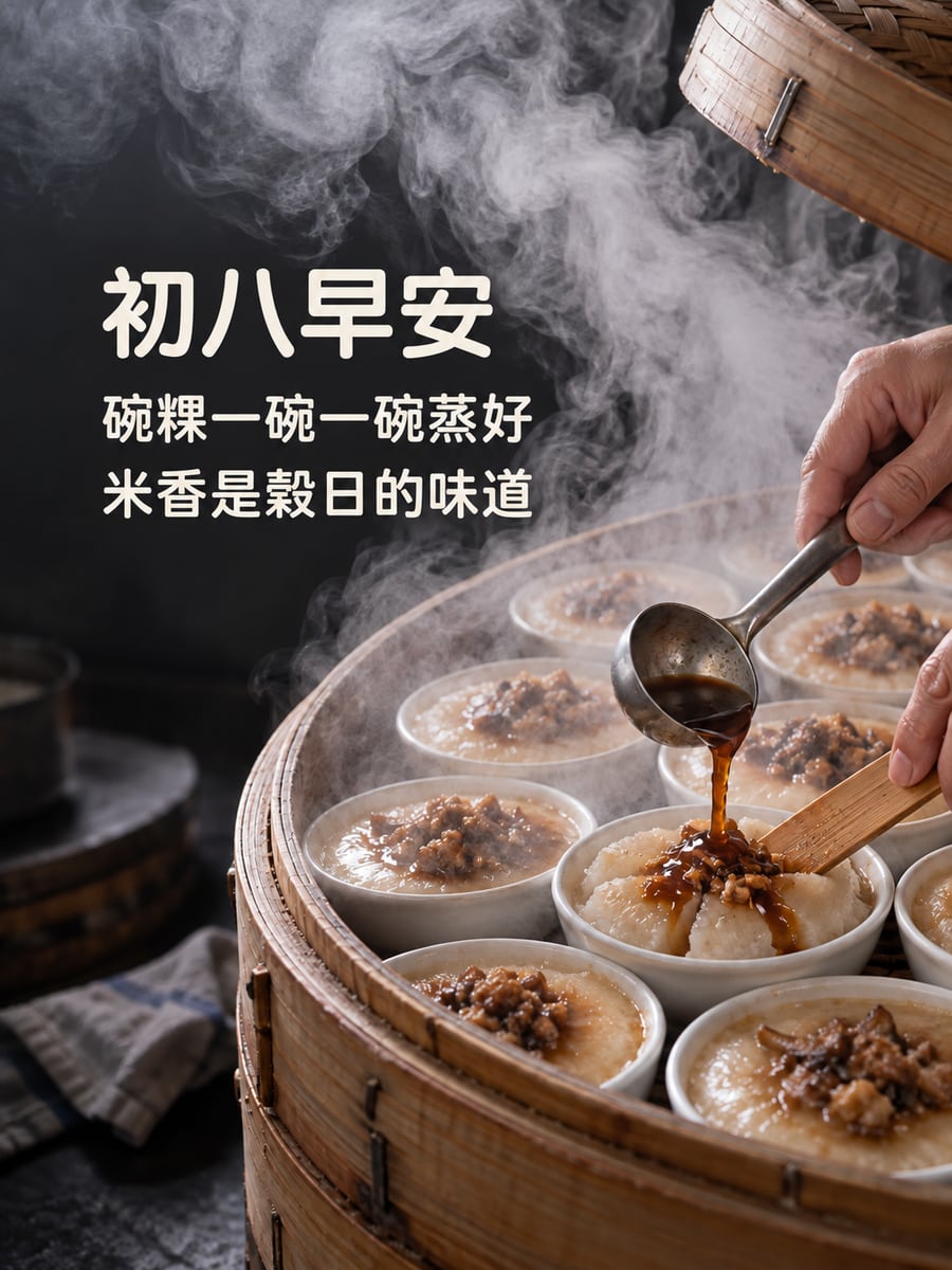 一碗碗碗粿。圖中文字：初八早安，碗粿一碗一碗蒸好，米香是穀日的味道