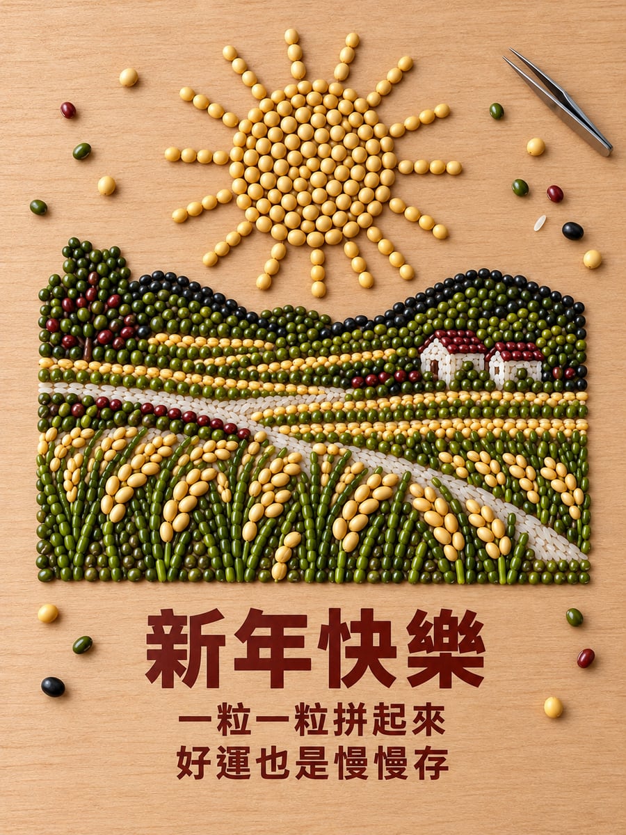 豆子拼成太陽。圖中文字：新年快樂，一粒一粒拼起來，好運也是慢慢存
