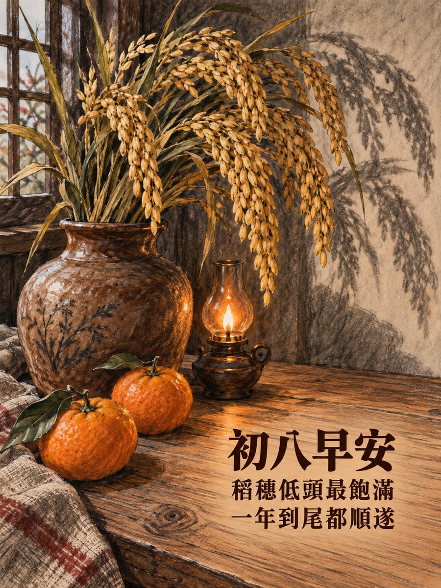 稻穗與油燈。圖中文字：初八早安，稻穗低頭最飽滿，一年到尾都順遂
