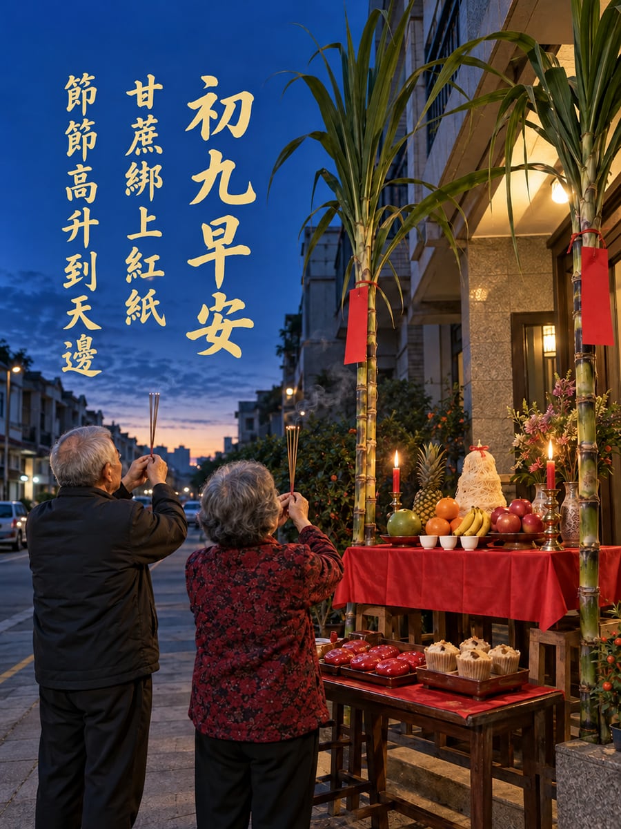 門口拜天公。圖中文字：初九早安，甘蔗綁上紅紙，節節高升到天邊