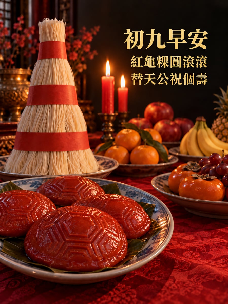 紅龜粿與麵線塔。圖中文字：初九早安，紅龜粿圓滾滾，替天公祝個壽