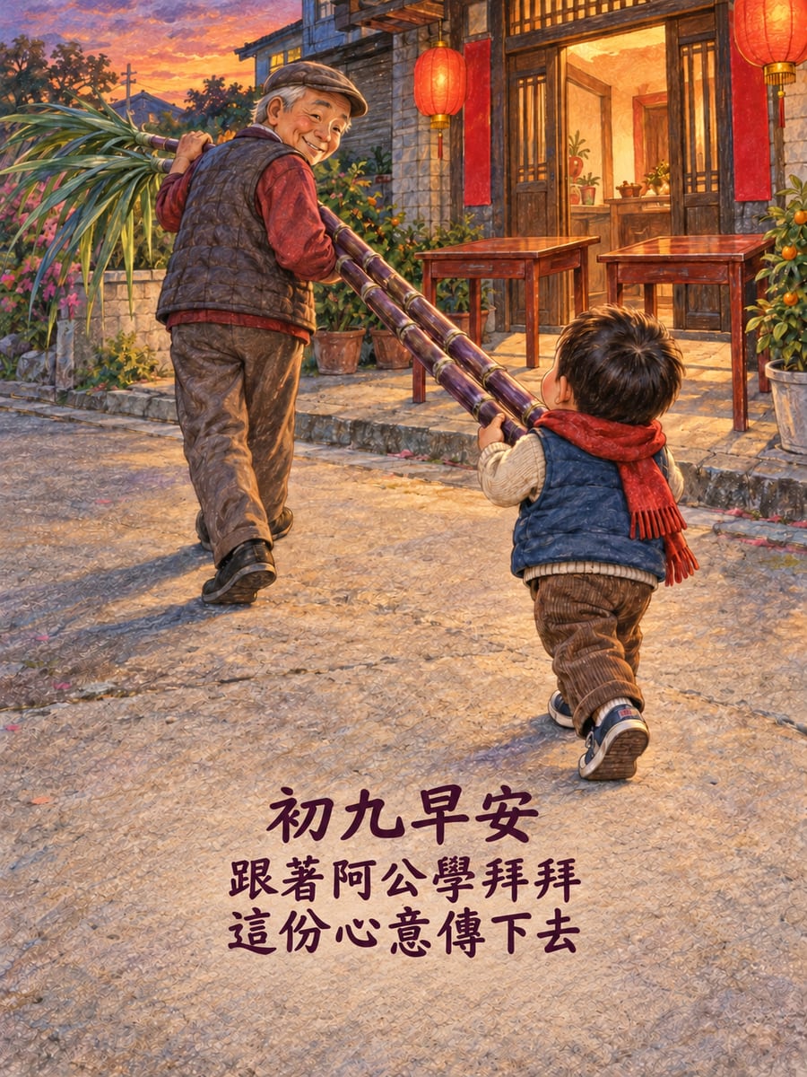 祖孫扛甘蔗。圖中文字：初九早安，跟著阿公學拜拜，這份心意傳下去