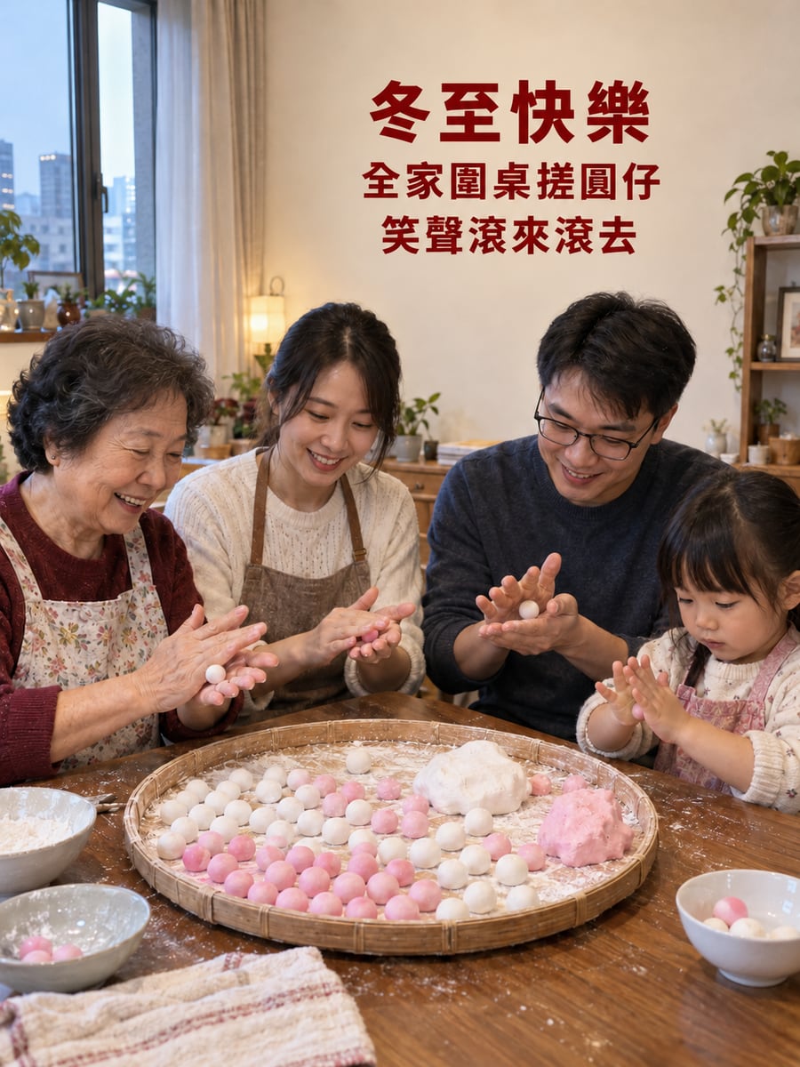 全家圍桌搓圓仔。圖中文字：冬至快樂，全家圍桌搓圓仔，笑聲滾來滾去