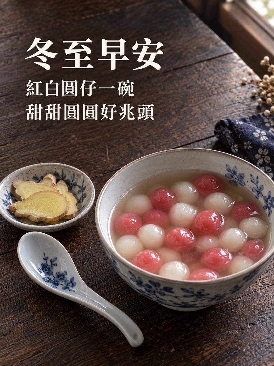 紅白圓仔一碗。圖中文字：冬至早安，紅白圓仔一碗，甜甜圓圓好兆頭