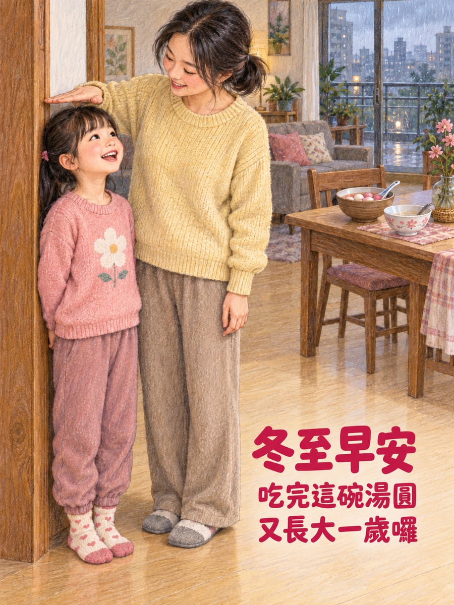 又長大一歲囉。圖中文字：冬至早安，吃完這碗湯圓，又長大一歲囉