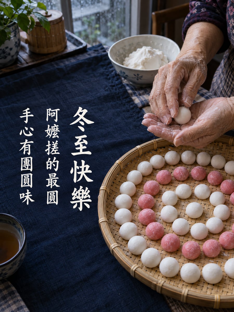 阿嬤搓的最圓。圖中文字：冬至快樂，阿嬤搓的最圓，手心有團圓味