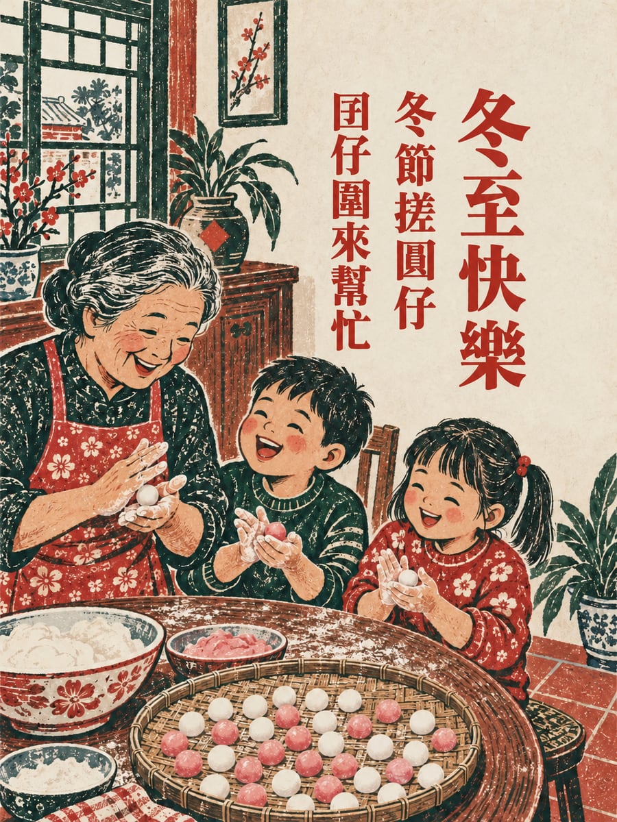 冬節搓圓仔。圖中文字：冬至快樂，冬節搓圓仔，囝仔圍來幫忙
