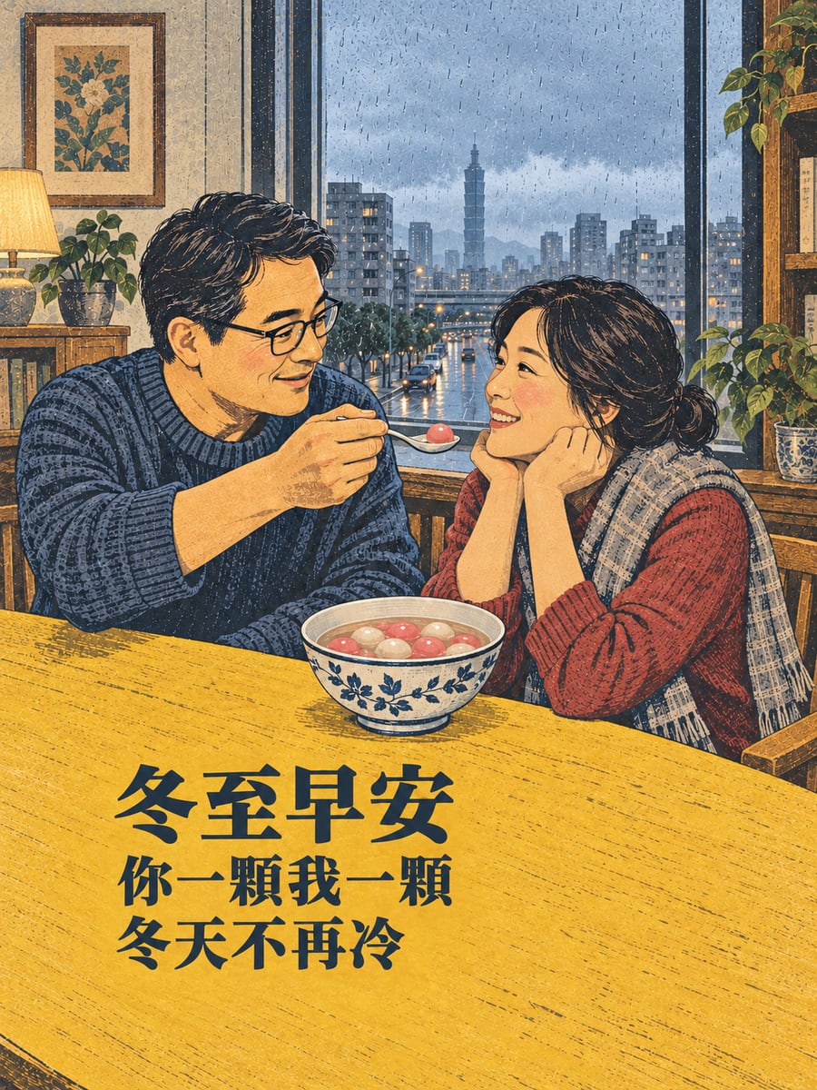 你一顆我一顆。圖中文字：冬至早安，你一顆我一顆，冬天不再冷