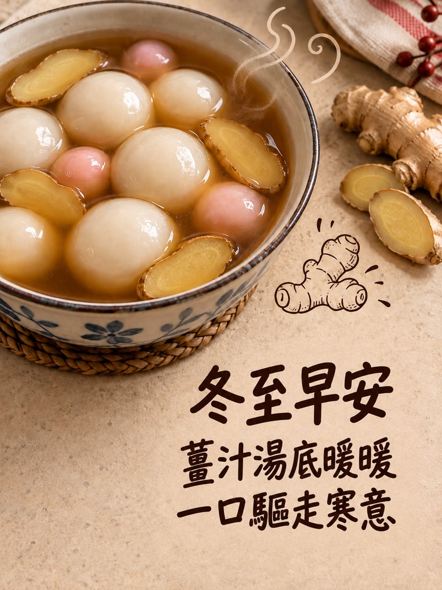 薑汁湯底暖暖。圖中文字：冬至早安，薑汁湯底暖暖，一口驅走寒意