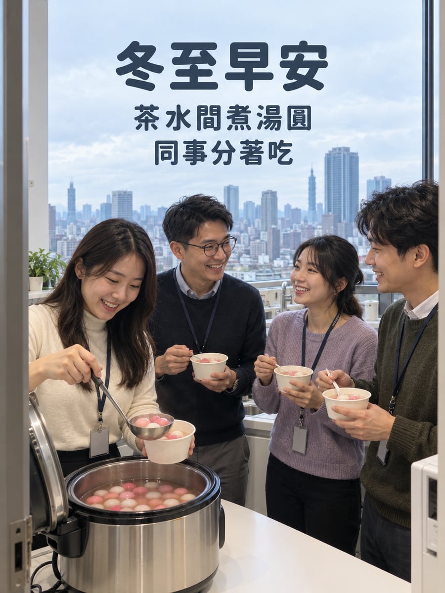 茶水間煮湯圓。圖中文字：冬至早安，茶水間煮湯圓，同事分著吃