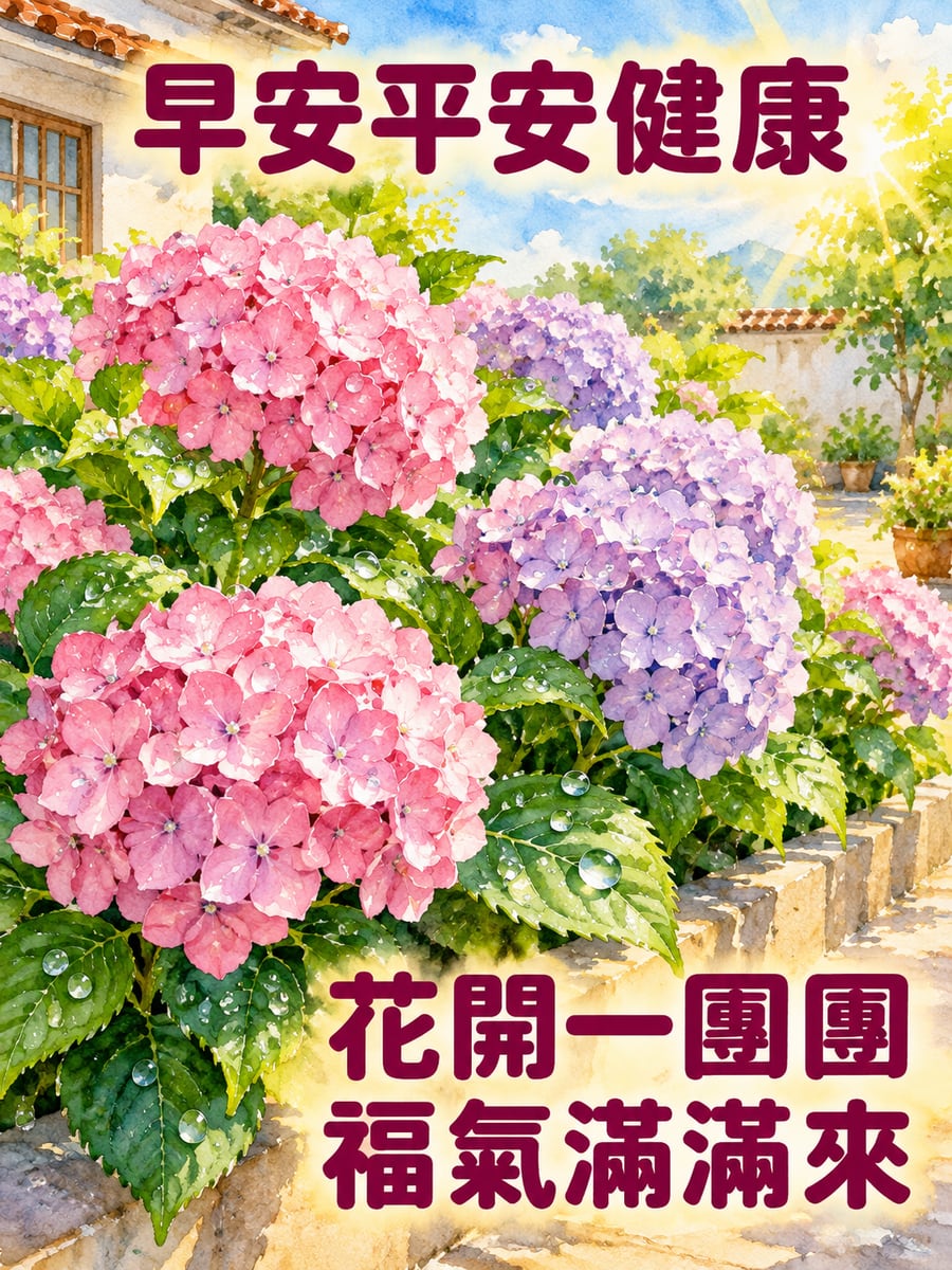 帶露的粉紅繡球。圖中文字：早安平安健康，花開一團團，福氣滿滿來