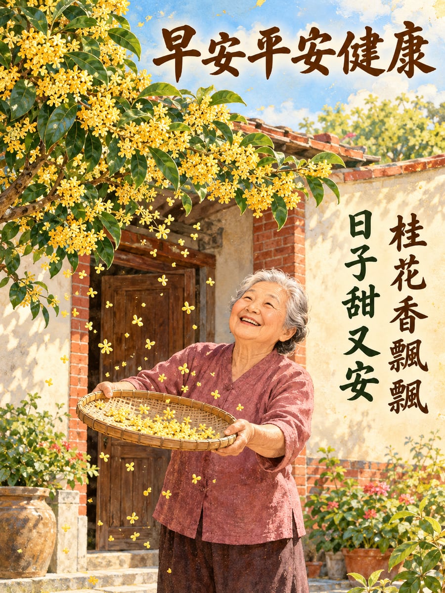 阿嬤接桂花。圖中文字：早安平安健康，桂花香飄飄，日子甜又安