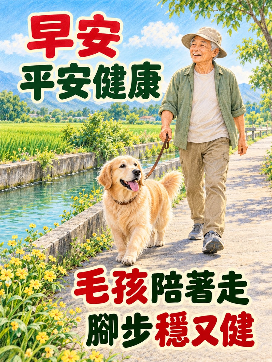 黃金獵犬陪阿公晨走。圖中文字：早安平安健康，毛孩陪著走，腳步穩又健