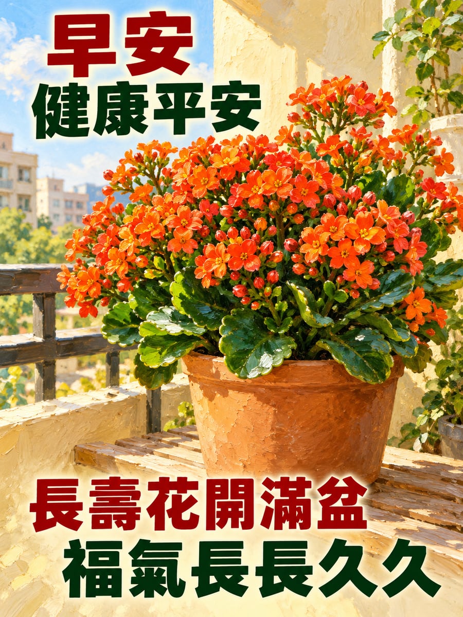 一盆長壽花。圖中文字：早安健康平安，長壽花開滿盆，福氣長長久久
