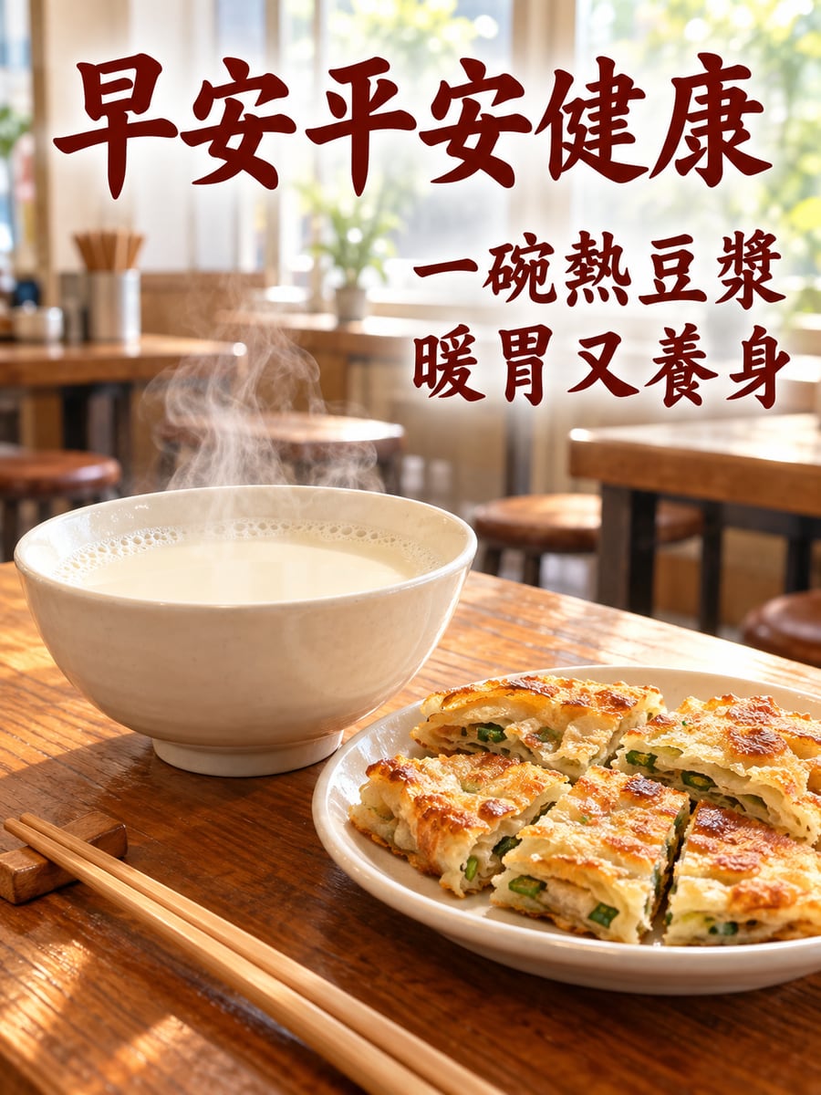 熱豆漿配蔥油餅。圖中文字：早安平安健康，一碗熱豆漿，暖胃又養身