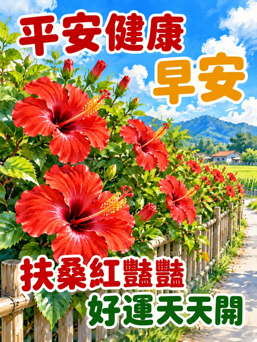扶桑花籬笆。圖中文字：平安健康早安，扶桑紅豔豔，好運天天開