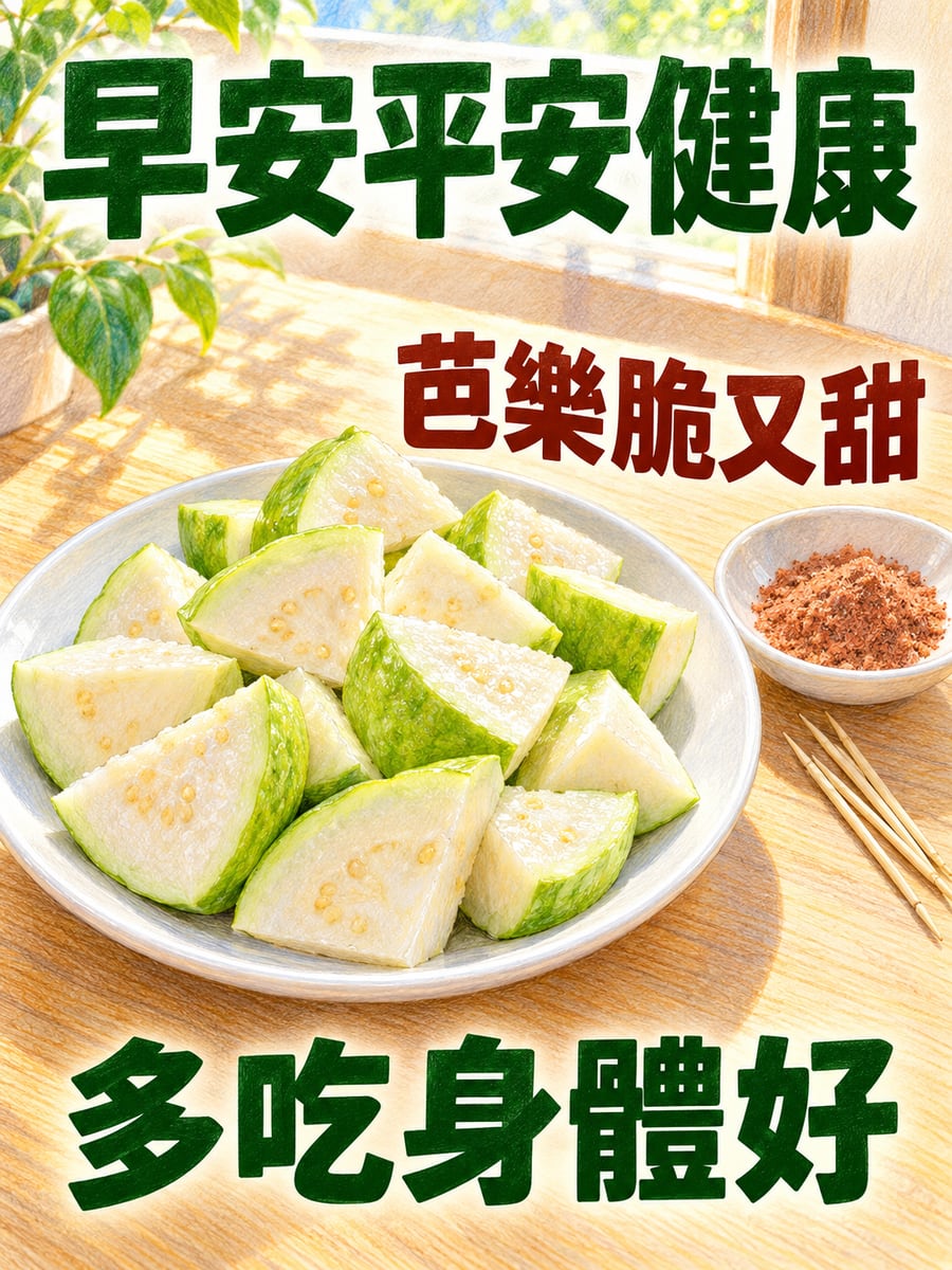 一盤切好的芭樂。圖中文字：早安平安健康，芭樂脆又甜，多吃身體好
