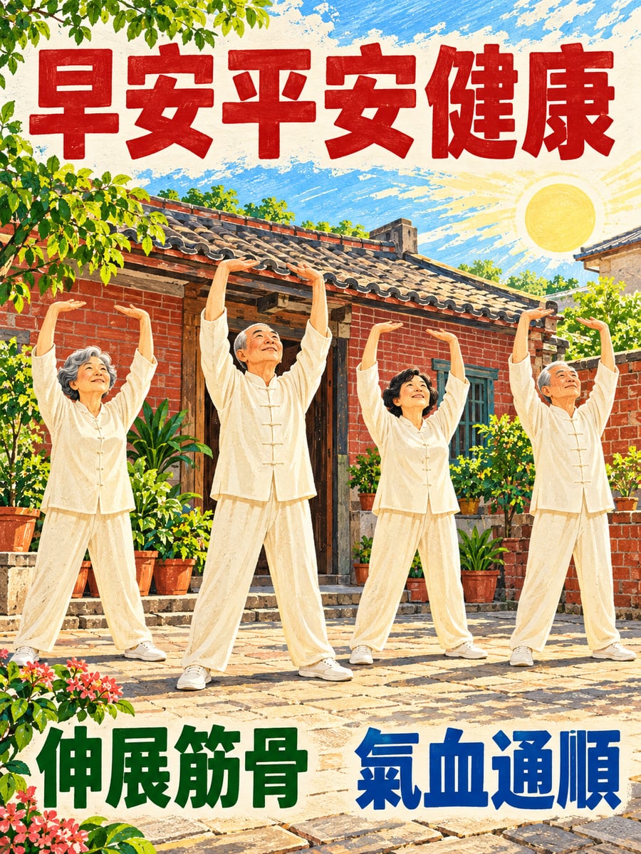 庭院裡練八段錦。圖中文字：早安平安健康，伸展筋骨，氣血通順