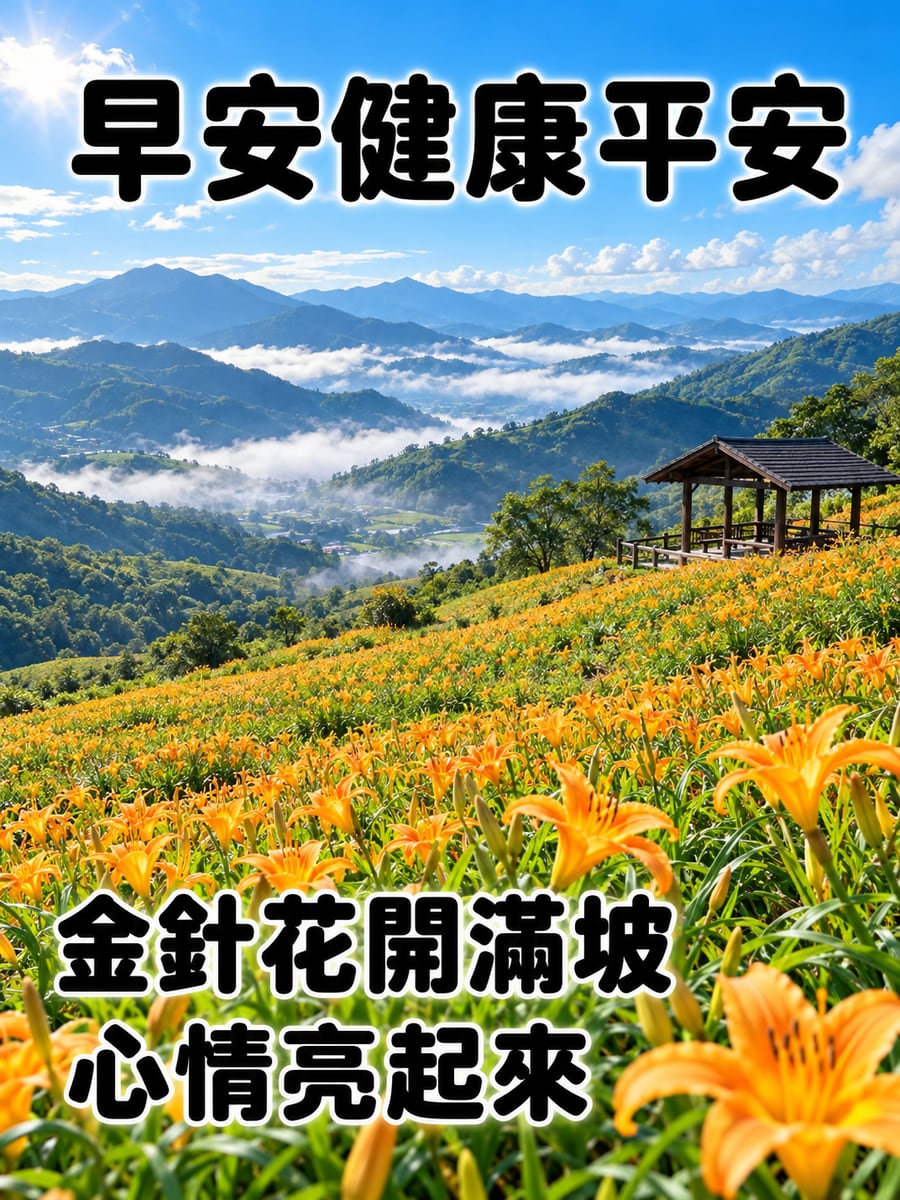 金針花海。圖中文字：早安健康平安，金針花開滿坡，心情亮起來