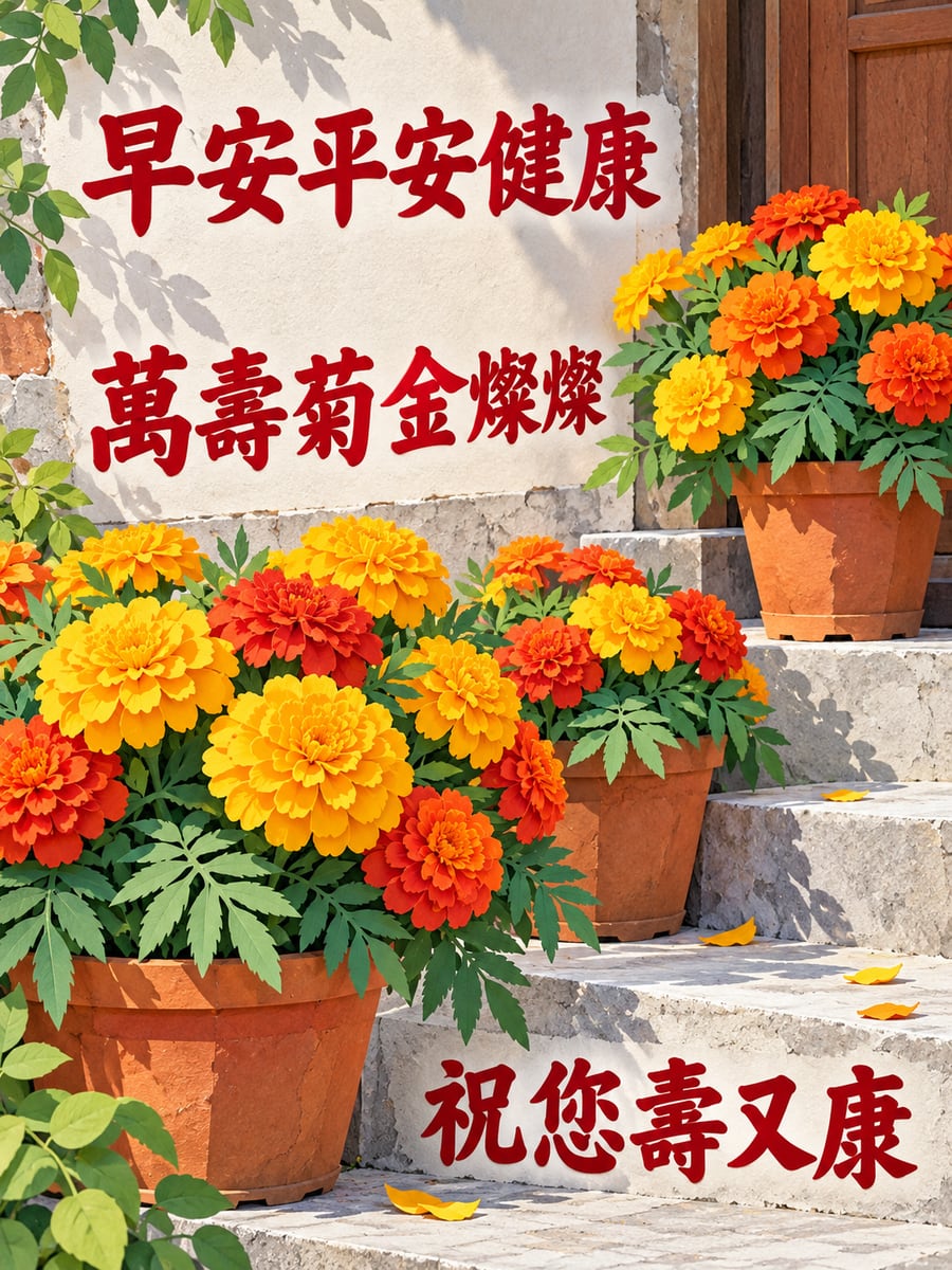 萬壽菊盆栽。圖中文字：早安平安健康，萬壽菊金燦燦，祝您壽又康