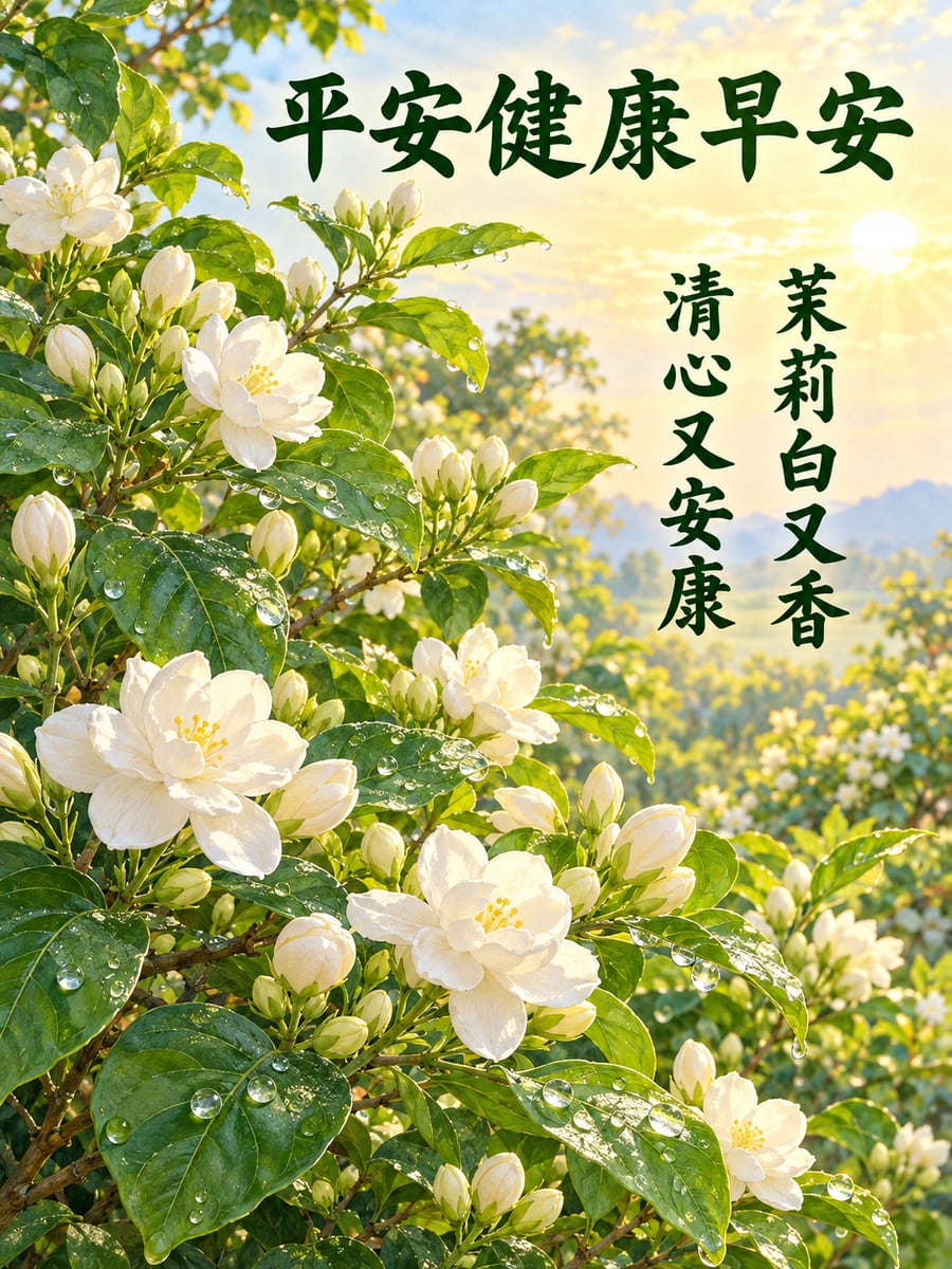 茉莉花叢。圖中文字：平安健康早安，茉莉白又香，清心又安康