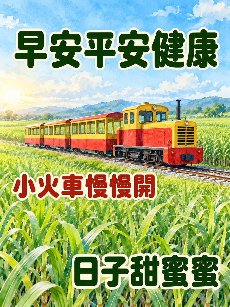 甘蔗田裡的五分車。圖中文字：早安平安健康，小火車慢慢開，日子甜蜜蜜