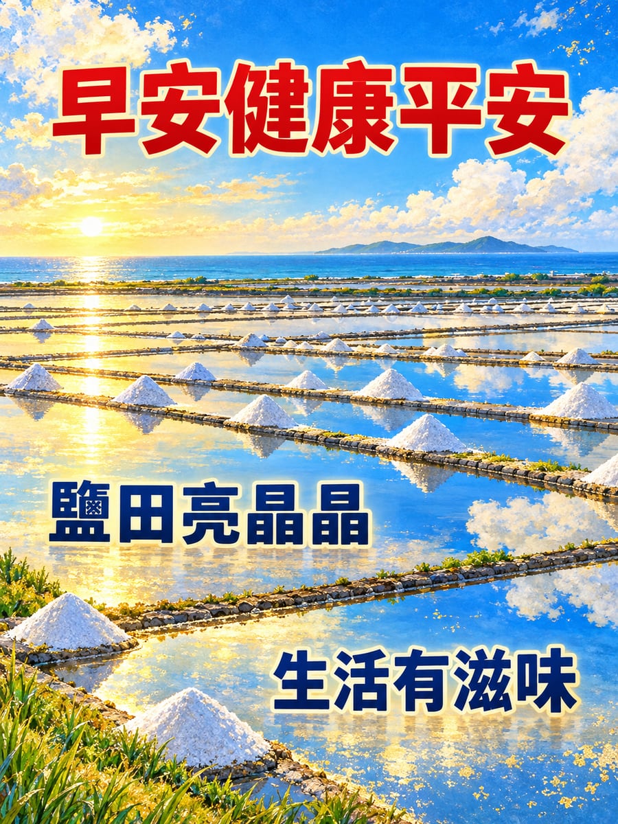 晨光鹽田。圖中文字：早安健康平安，鹽田亮晶晶，生活有滋味