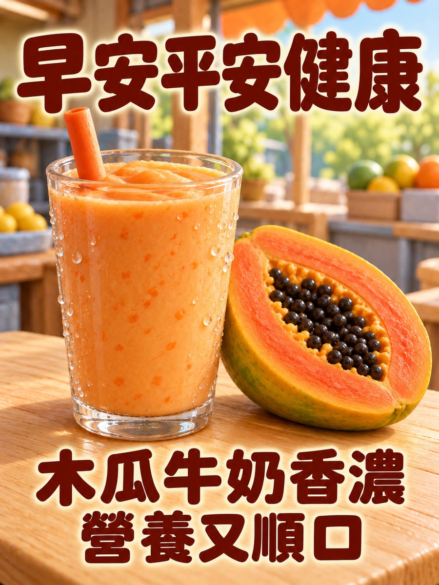 一杯木瓜牛奶。圖中文字：早安平安健康，木瓜牛奶香濃，營養又順口