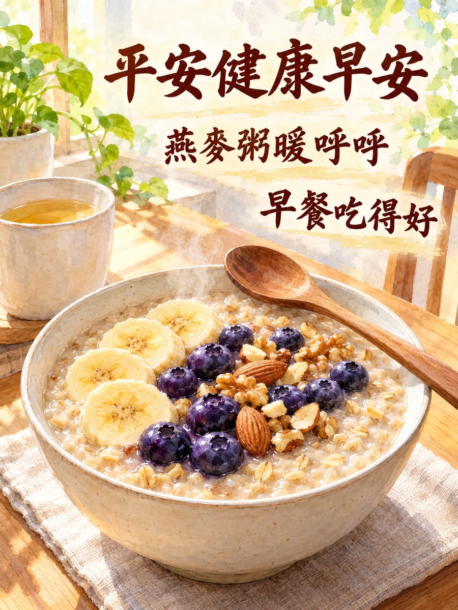 燕麥粥配水果。圖中文字：平安健康早安，燕麥粥暖呼呼，早餐吃得好